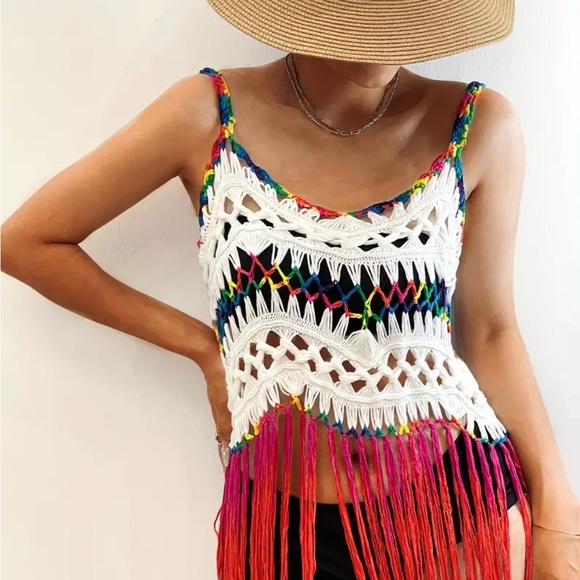 White Rainbow-Color Boho Tassel Beach Cover-Up Dress - Picture 5 of 11